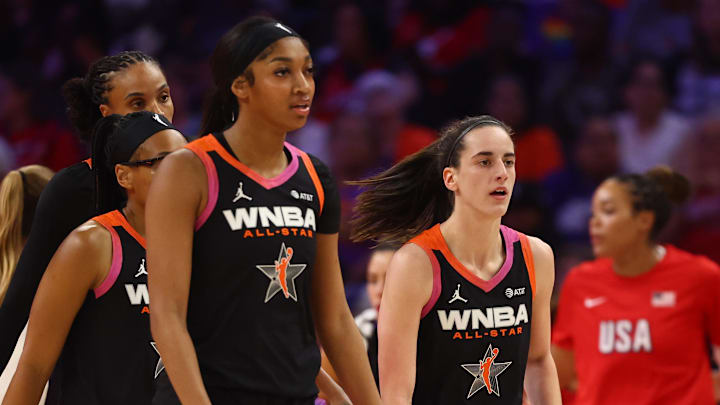Jul 20, 2024; Phoenix, AZ, USA; Team WNBA guard Caitlin Clark (right) and Angel Reese against the USA Women's National Team during the 2024 WNBA All Star Game at Footprint Center. Mandatory Credit: Mark J. Rebilas-USA TODAY Sports Jul 20, 2024; Phoenix, AZ, USA; Team WNBA guard Caitlin Clark (right) and Angel Reese against the USA Women's National Team during the 2024 WNBA All Star Game at Footprint Center. Mandatory Credit: Mark J. Rebilas-USA TODAY Sports
