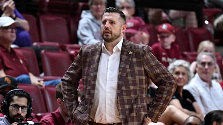 Jan 10, 2026; Tallahassee, Florida, USA; Florida State Seminoles head coach Luke Loucks during the first half against the North Carolina State Wolfpack at Donald L. Tucker Center. Mandatory Credit: Melina Myers-Imagn Images