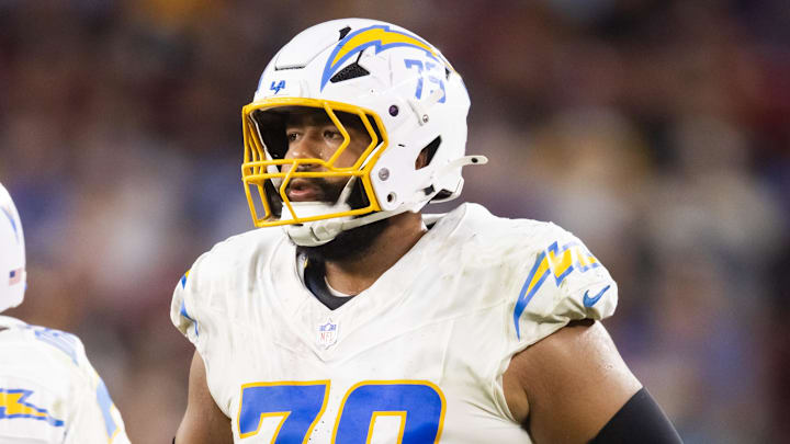 Oct 21, 2024; Glendale, Arizona, USA; Los Angeles Chargers offensive tackle Trey Pipkins III (79) against the Arizona Cardinals at State Farm Stadium.  