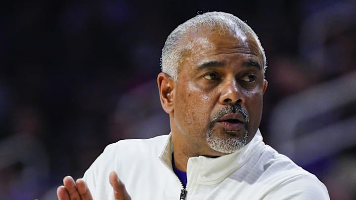 Dec 30, 2024; Manhattan, Kansas, USA; Kansas State Wildcats head coach Jerome Tang reacts during the first half against the Cincinnati Bearcats at Bramlage Coliseum. Mandatory Credit: Jay Biggerstaff-Imagn Images