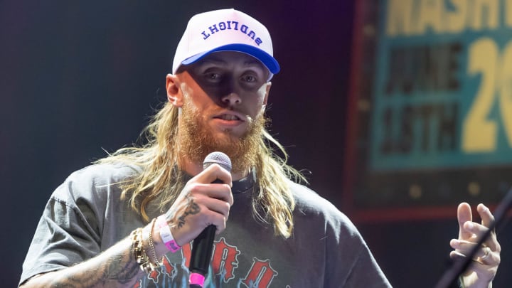 George Kittle greets the crowd during the “Tight Ends & Friends” concert at Brooklyn Bowl Tuesday, June 18, 2024 in Nashville, Tenn.