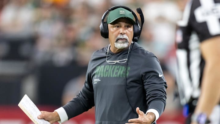 Oct 19, 2025; Glendale, Arizona, USA; Green Bay Packers special teams coordinator Rich Bisaccia against the Arizona Cardinals at State Farm Stadium. Mandatory Credit: Mark J. Rebilas-Imagn Images
