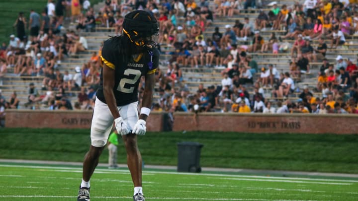 Aug. 17, 2024: Columbia, Missouri; Missouri Tigers wide receiver Marquis Johnson (2) lines up for a drill at the team's annual fan night practice at Faurot Field. Aug. 17, 2024: Columbia, Missouri; Missouri Tigers wide receiver Marquis Johnson (2) lines up for a drill at the team's annual fan night practice at Faurot Field.