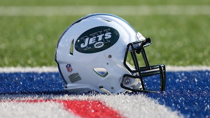 Dec 9, 2018; Orchard Park, NY, USA; General view of a New York Jets helmet prior to the game against the Buffalo Bills at New Era Field. Mandatory Credit: Rich Barnes-Imagn Images