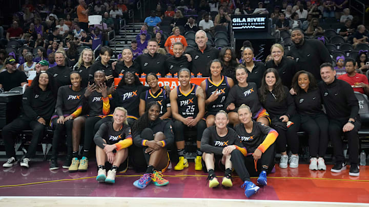 Phoenix Mercury players pose for a photo before playing against the Atlanta Dream at PHX Arena Aug 10, 2025.
