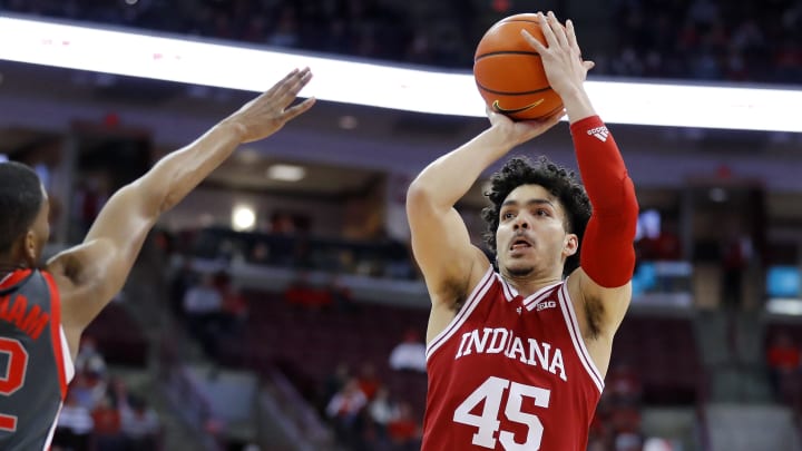 Indiana Hoosiers guard Parker Stewart (45) shoots during the first half against the Ohio State Buckeyes at Value City Arena.