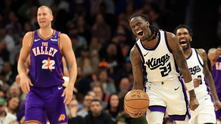 Mar 14, 2025; Phoenix, Arizona, USA; Sacramento Kings guard Keon Ellis (23) reacts against the Phoenix Suns during the second half at Footprint Center. Mandatory Credit: Mark J. Rebilas-Imagn Images