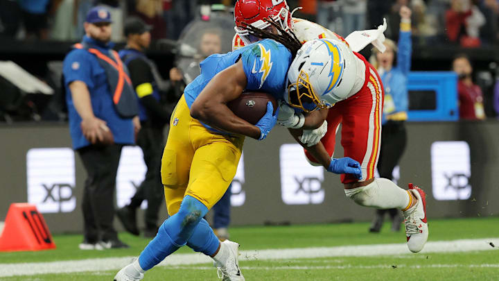 [US, Mexico & Canada customers only] Sep 5, 2025; Sao Paulo, BRAZIL; Los Angeles Chargers wide receiver Quentin Johnston (1) in action before scoring a touchdown against the Kansas City Chiefs in the second half during a NFL game at Corinthians Arena. Mandatory Credit: Amanda Perobelli/Reuters via Imagn Images