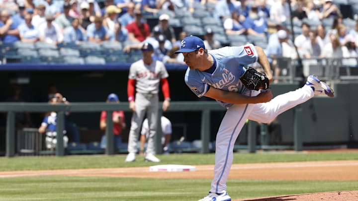 May 11, 2025; Kansas City, Missouri, USA; Kansas City Royals pitcher Seth Lugo (67) pitches in the first inning against the Boston Red Sox at Kauffman Stadium. Mandatory Credit: Gary Rohman-Imagn Images