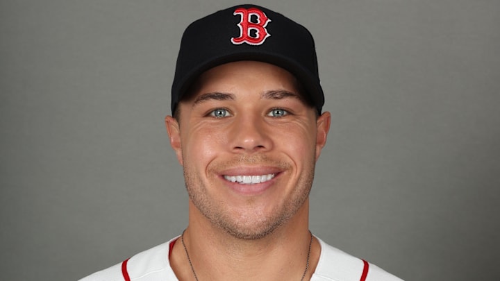 Feb 17, 2026; Lee County, FL, USA; Boston Red Sox pitcher Vinny Nittoli (46) poses for a photo during media day at JetBlue Park. Mandatory Credit: Kim Klement Neitzel-Imagn Images