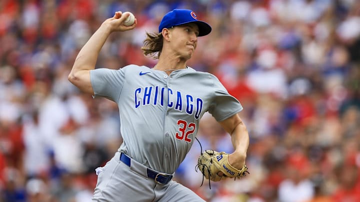 Jun 8, 2024; Cincinnati, Ohio, USA; Chicago Cubs starting pitcher Ben Brown (32) pitches against the Cincinnati Reds in the first inning at Great American Ball Park. 