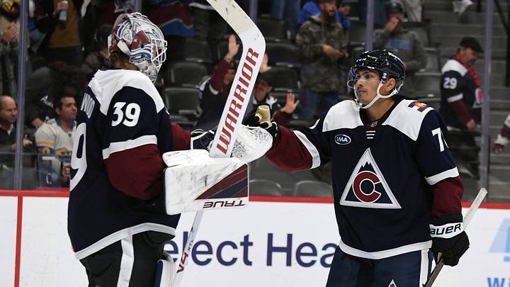 Oct 3, 2026; Denver, Colorado, USA; Colorado Avalanche goalie Mackenzie Blackwood (39) celebrates with left winger Jaden Schwartz (71) after a win against the St. Louis Blues at Ball Arena. Mandatory Credit: Christopher Hanewinckel-Imagn Images
