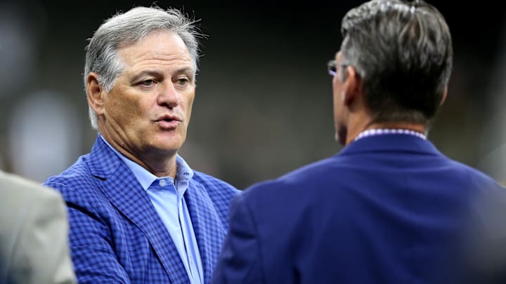 Aug 9, 2019; New Orleans, LA, USA; New Orleans Saints general manager Mickey Loomis (left) talks with Minnesota Vikings general manager Rick Spielman before the game against the Minnesota Vikings at the Mercedes-Benz Superdome. Mandatory Credit: Chuck Cook-Imagn Images Aug 9, 2019; New Orleans, LA, USA; New Orleans Saints general manager Mickey Loomis (left) talks with Minnesota Vikings general manager Rick Spielman before the game against the Minnesota Vikings at the Mercedes-Benz Superdome. Mandatory Credit: Chuck Cook-Imagn Images
