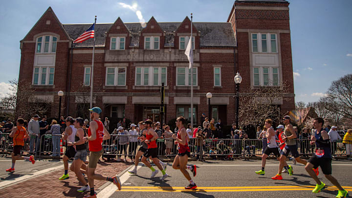 Runners during the 128th Boston Marathon on April 15, 2024.