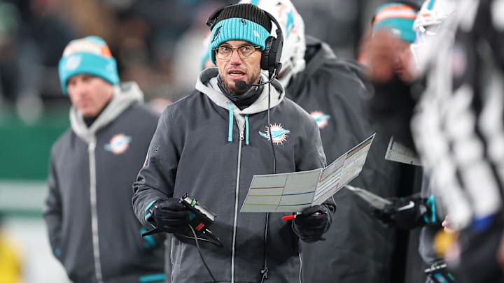 Miami Dolphins head coach Mike McDaniel looks on during the first half against the New York Jets at MetLife Stadium. Miami Dolphins head coach Mike McDaniel looks on during the first half against the New York Jets at MetLife Stadium.