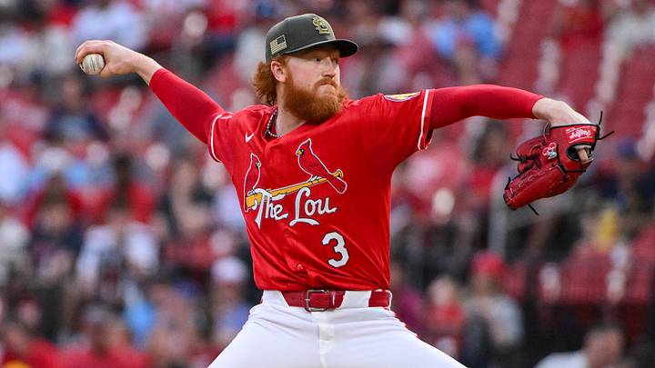 May 15, 2026; St. Louis, Missouri, USA; St. Louis Cardinals starting pitcher Dustin May (3) pitches against the Kansas City Royals during the first inning at Busch Stadium. Mandatory Credit: Jeff Curry-Imagn Images
