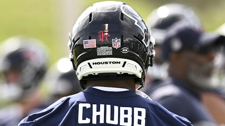 A detail view of Houston Texans running back Nick Chubb (21) jersey during an NFL football minicamp at NRG Stadium. 