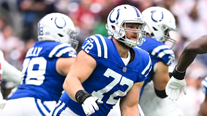 Sep 17, 2023; Houston, Texas, USA; Indianapolis Colts offensive tackle Braden Smith (72) in action during the first half against the Houston Texans at NRG Stadium. Sep 17, 2023; Houston, Texas, USA; Indianapolis Colts offensive tackle Braden Smith (72) in action during the first half against the Houston Texans at NRG Stadium.