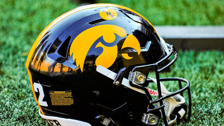 Sep 18, 2021; Iowa City, Iowa, USA; A Hawkeye helmet sits on the sidelines during the game between the Iowa Hawkeyes and the Kent State Golden Flashes at Kinnick Stadium. Mandatory Credit: Jeffrey Becker-Imagn Images
