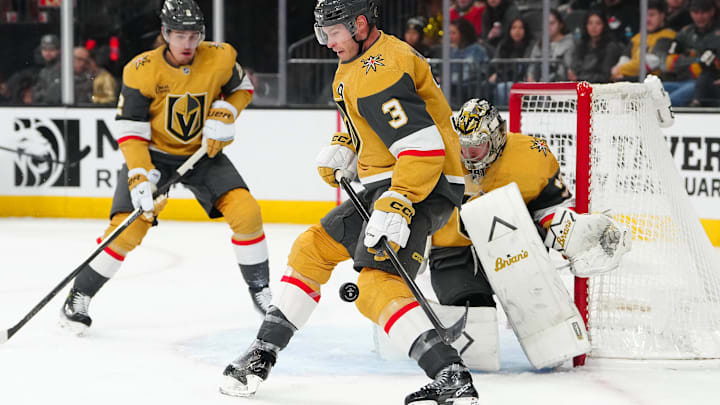 Dec 29, 2025; Las Vegas, Nevada, USA; Vegas Golden Knights defenseman Brayden McNabb (3) blocks a Minnesota Wild shot during the first period at T-Mobile Arena. Mandatory Credit: Stephen R. Sylvanie-Imagn Images