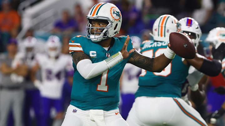 Miami Dolphins quarterback Tua Tagovailoa (1) throws the football against the Buffalo Bills during the first quarter at Hard Rock Stadium. Miami Dolphins quarterback Tua Tagovailoa (1) throws the football against the Buffalo Bills during the first quarter at Hard Rock Stadium.