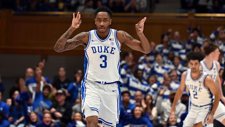 Nov 23, 2025; Durham, North Carolina, USA; Duke Blue Devils forward Isaiah Evans (3) reacts after hitting a three-pointer during the first half against the Howard Bison at Cameron Indoor Stadium. Mandatory Credit: Rob Kinnan-Imagn Images
