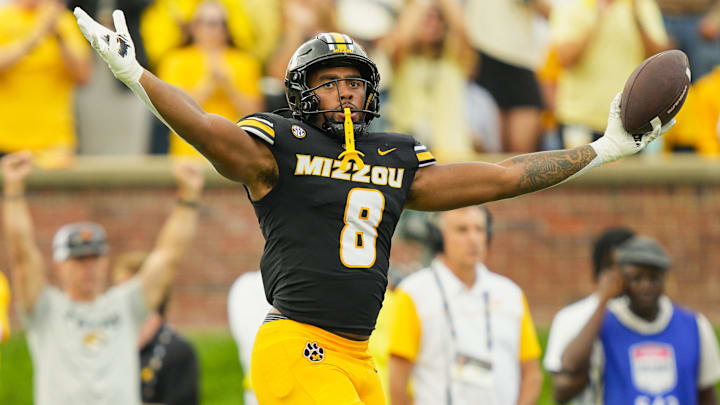 Oct 11, 2025; Columbia, Missouri, USA; Missouri Tigers defensive end Damon Wilson II (8) celebrates after recovering a fumble during the second half against the Alabama Crimson Tide at Faurot Field at Memorial Stadium. Mandatory Credit: Jay Biggerstaff-Imagn Images