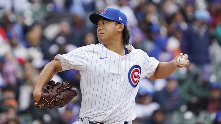 Apr 7, 2024; Chicago, Illinois, USA; Chicago Cubs pitcher Shota Imanaga. Apr 7, 2024; Chicago, Illinois, USA; Chicago Cubs pitcher Shota Imanaga.
