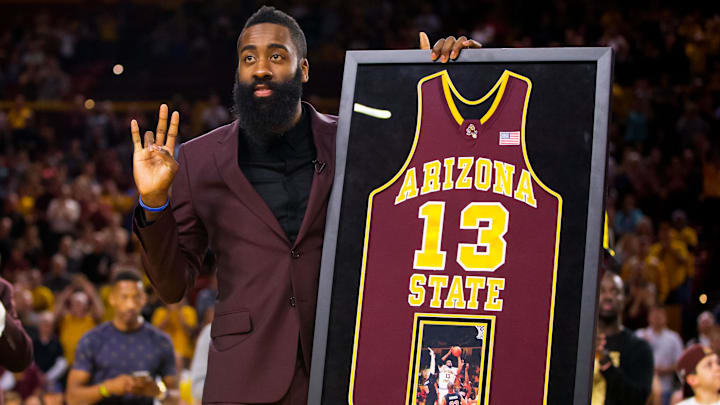 Feb 18, 2015; Tempe, AZ, USA; Arizona State Sun Devils former guard James Harden reacts as he has his number retired during a halftime ceremony against the UCLA Bruins at Wells-Fargo Arena. Mandatory Credit: Mark J. Rebilas-Imagn Images Feb 18, 2015; Tempe, AZ, USA; Arizona State Sun Devils former guard James Harden reacts as he has his number retired during a halftime ceremony against the UCLA Bruins at Wells-Fargo Arena. Mandatory Credit: Mark J. Rebilas-Imagn Images