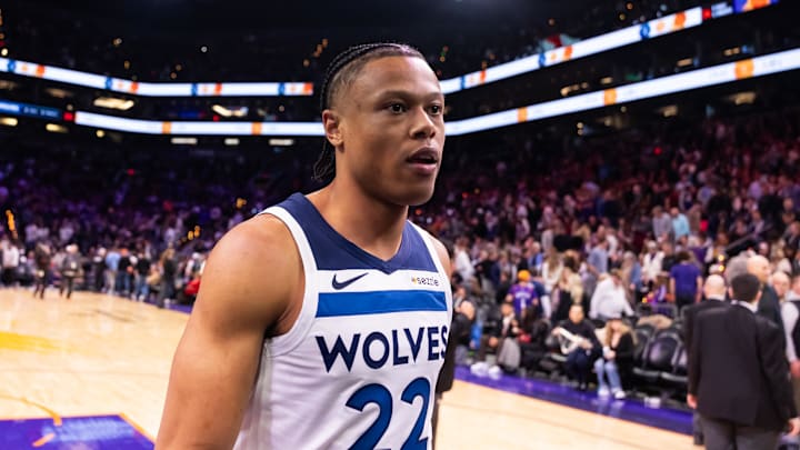 Jan 29, 2025; Phoenix, Arizona, USA; Minnesota Timberwolves guard Jaylen Clark (22) against the Phoenix Suns at Footprint Center. Mandatory Credit: Mark J. Rebilas-Imagn Images