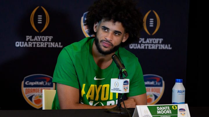 Oregon quarterback Dante Moore speaks during the Oregon Ducks media day ahead of Orange Bowl on Dec. 30, 2025, at Hard Rock Stadium in Miami, Florida.