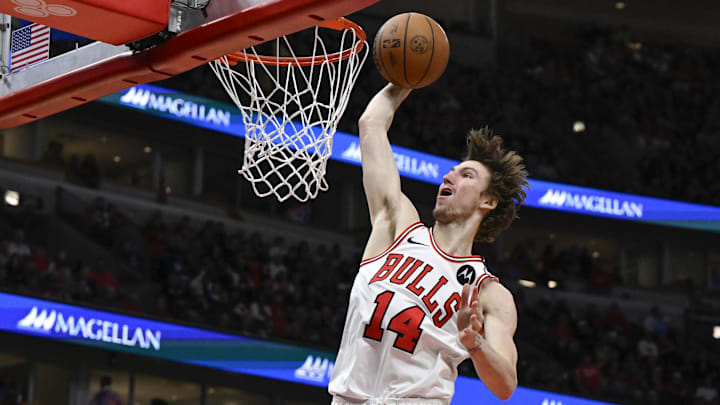 Mar 10, 2025; Chicago, Illinois, USA; Chicago Bulls forward Matas Buzelis (14) dunks the ball against the Indiana Pacers during the second half  at United Center. Mandatory Credit: Matt Marton-Imagn Images