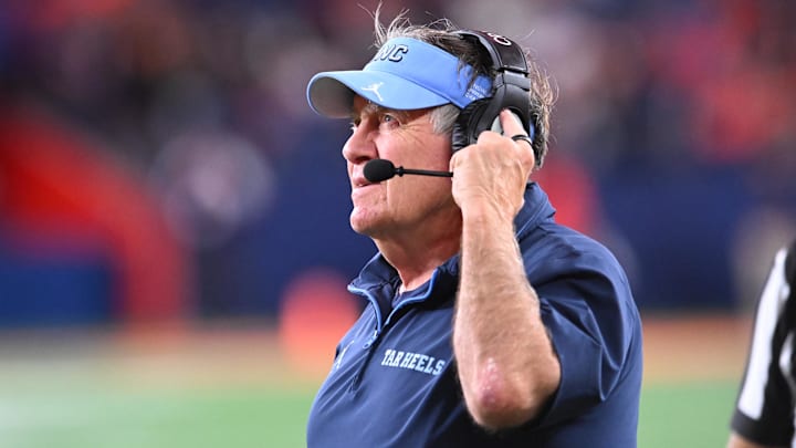 Oct 31, 2025; Syracuse, New York, USA; North Carolina Tar Heels head coach Bill Belichick looks to the clock in the fourth quarter game against the Syracuse Orange at the JMA Wireless Dome. Mandatory Credit: Mark Konezny-Imagn Images