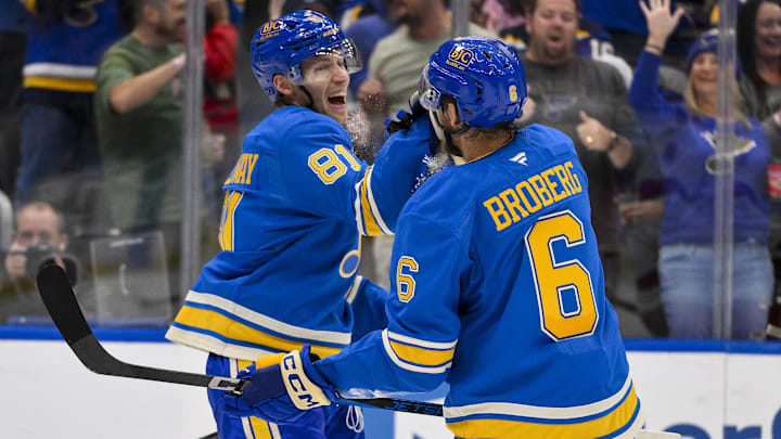 Oct 19, 2024; St. Louis, Missouri, USA;  St. Louis Blues center Dylan Holloway (81) celebrates with defenseman Philip Broberg (6) after scoring against the Carolina Hurricanes during the second period at Enterprise Center. Mandatory Credit: Jeff Curry-Imagn Images