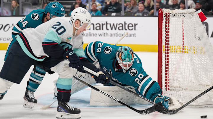 Jan 30, 2024; San Jose, California, USA; San Jose Sharks goaltender Mackenzie Blackwood (29) reaches