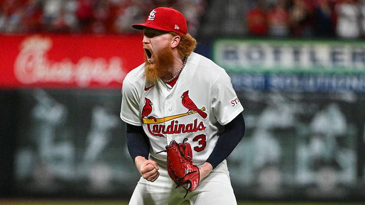 Jun 15, 2026; St. Louis, Missouri, USA; St. Louis Cardinals starting pitcher Dustin May (3) reacts after throwing a complete game one hitter against the San Diego Padres at Busch Stadium. Mandatory Credit: Jeff Curry-Imagn Images