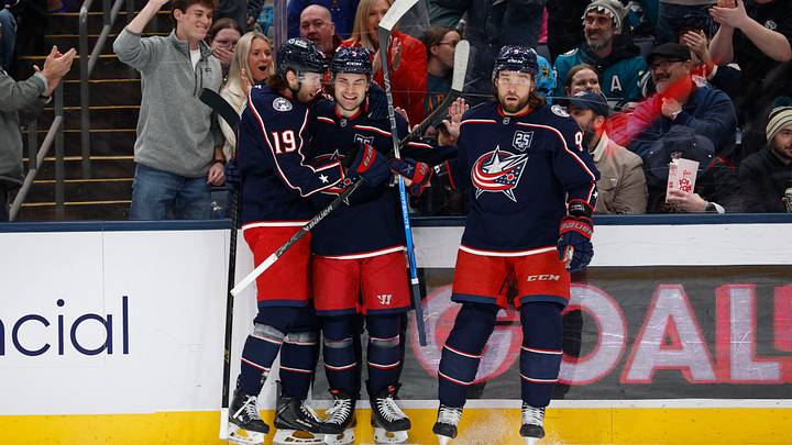 Mar 28, 2026; Columbus, Ohio, USA; Columbus Blue Jackets defenseman Denton Mateychuk (5) celebrates his goal against the San Jose Sharks during the first period at Nationwide Arena. Mandatory Credit: Russell LaBounty-Imagn Images Mar 28, 2026; Columbus, Ohio, USA; Columbus Blue Jackets defenseman Denton Mateychuk (5) celebrates his goal against the San Jose Sharks during the first period at Nationwide Arena. Mandatory Credit: Russell LaBounty-Imagn Images