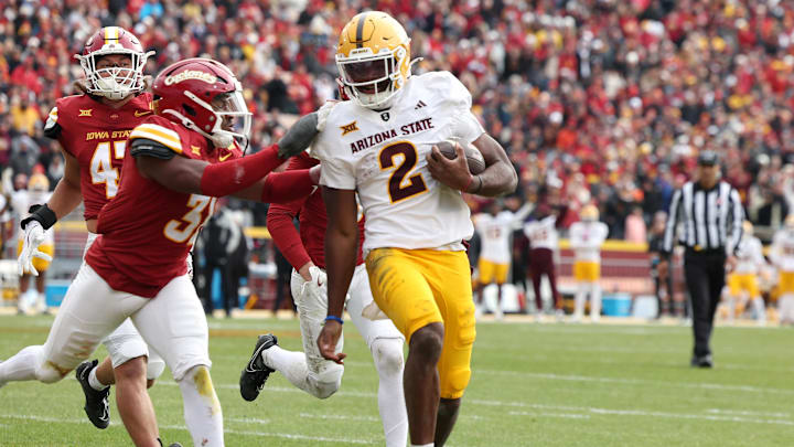 Nov 1, 2025; Ames, Iowa, USA;  Arizona State Sun Devils quarterback Jeff Sims (2)  runs the football against the Iowa State Cyclones during the first half at Jack Trice Stadium. Mandatory Credit: Reese Strickland-Imagn Images