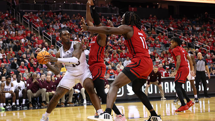 Dec 23, 2023; Newark, NY, USA; Mississippi State Bulldogs guard Dashawn Davis (10) looks to pass as