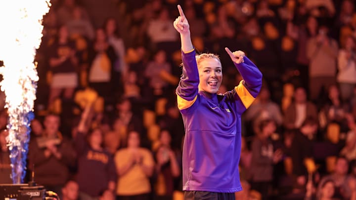 LSU gymnast Livvy Dunne is introduced to the crowd before a meet against Florida at the Pete Maravich Assembly Center in Baton Rouge.