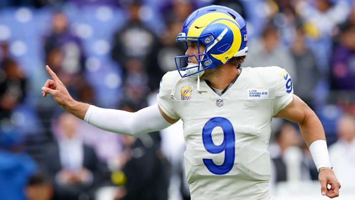 Los Angeles Rams quarterback Matthew Stafford (9) warms up prior to the game against the Baltimore Ravens at M&T Bank Stadium. 