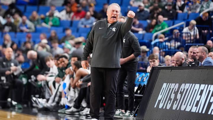 Mar 19, 2026; Buffalo, NY, USA; Michigan State Spartans head coach Tom Izzo calls a play during the second half against the North Dakota State Bison during a first round game of the men's 2026 NCAA Tournament at Keybank Center. Mandatory Credit: Gregory Fisher-Imagn Images