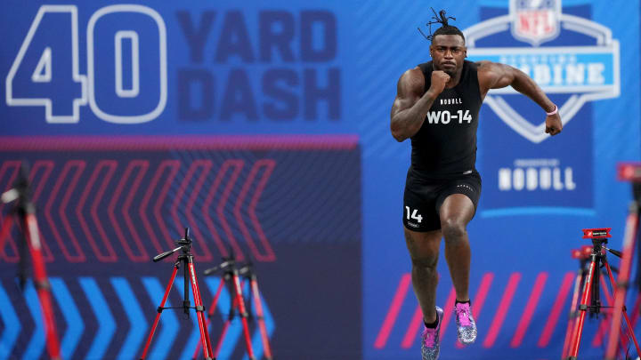 Mar 2, 2024; Indianapolis, IN, USA; South Carolina wide receiver Xavier Legette (WO14) runs the 40-yard dash during the NFL Combine