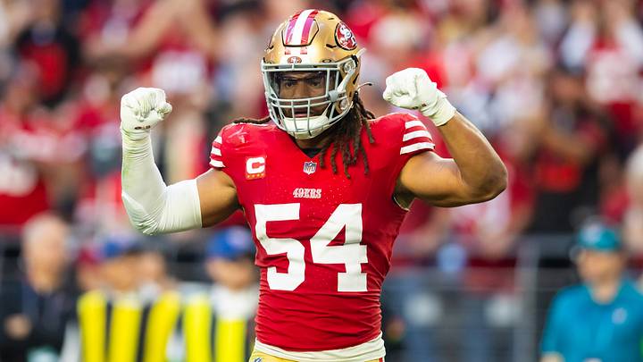 Dec 17, 2023; Glendale, Arizona, USA; San Francisco 49ers linebacker Fred Warner (54) celebrates a play against the Arizona Cardinals at State Farm Stadium. Mandatory Credit: Mark J. Rebilas-USA TODAY Sports