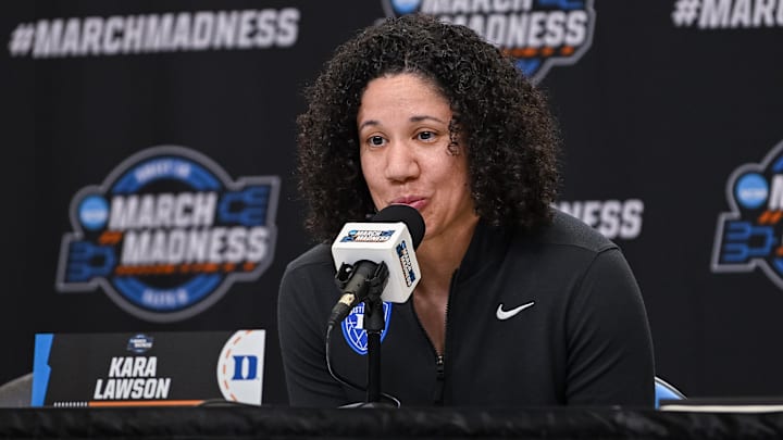 Mar 26, 2026; Sacramento, CA, USA; Duke Blue Devils head coach Kara Lawson speaks with the media during a press conference ahead of the Sacramento Regional 2 of the NCAA tournament.