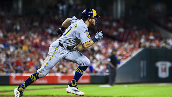 Aug 15, 2025; Cincinnati, Ohio, USA; Milwaukee Brewers outfielder Brandon Lockridge (20) runs the bases after hitting a triple in the seventh inning against the Cincinnati Reds at Great American Ball Park. Mandatory Credit: Katie Stratman-Imagn Images