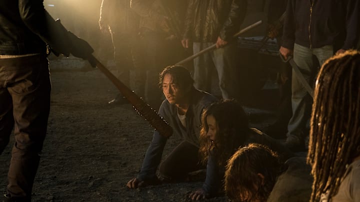  Jeffrey Dean Morgan as Negan, Danai Gurira as Michonne, Norman Reedus as Daryl Dixon, Christian Serratos as Rosita Espinosa, Steven Yeun as Glenn Rhee - The Walking Dead _ Season 7, Episode 1 - Photo Credit: Gene Page/AMC