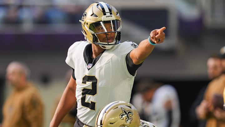 New Orleans Saints quarterback Jameis Winston (2) warms up before a 2023 game against the Minnesota Vikings
