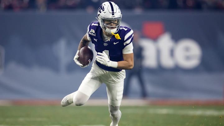 Dec 26, 2024; Phoenix, AZ, USA; Kansas State Wildcats wide receiver Jayce Brown (1) against the Rutgers Scarlet Knights during the Rate Bowl at Chase Field. Mandatory Credit: Mark J. Rebilas-Imagn Images