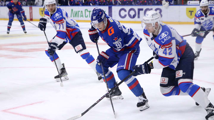 Ivan Demidov (91) SKA Hockey Club and Vladislav Syomin (42)...